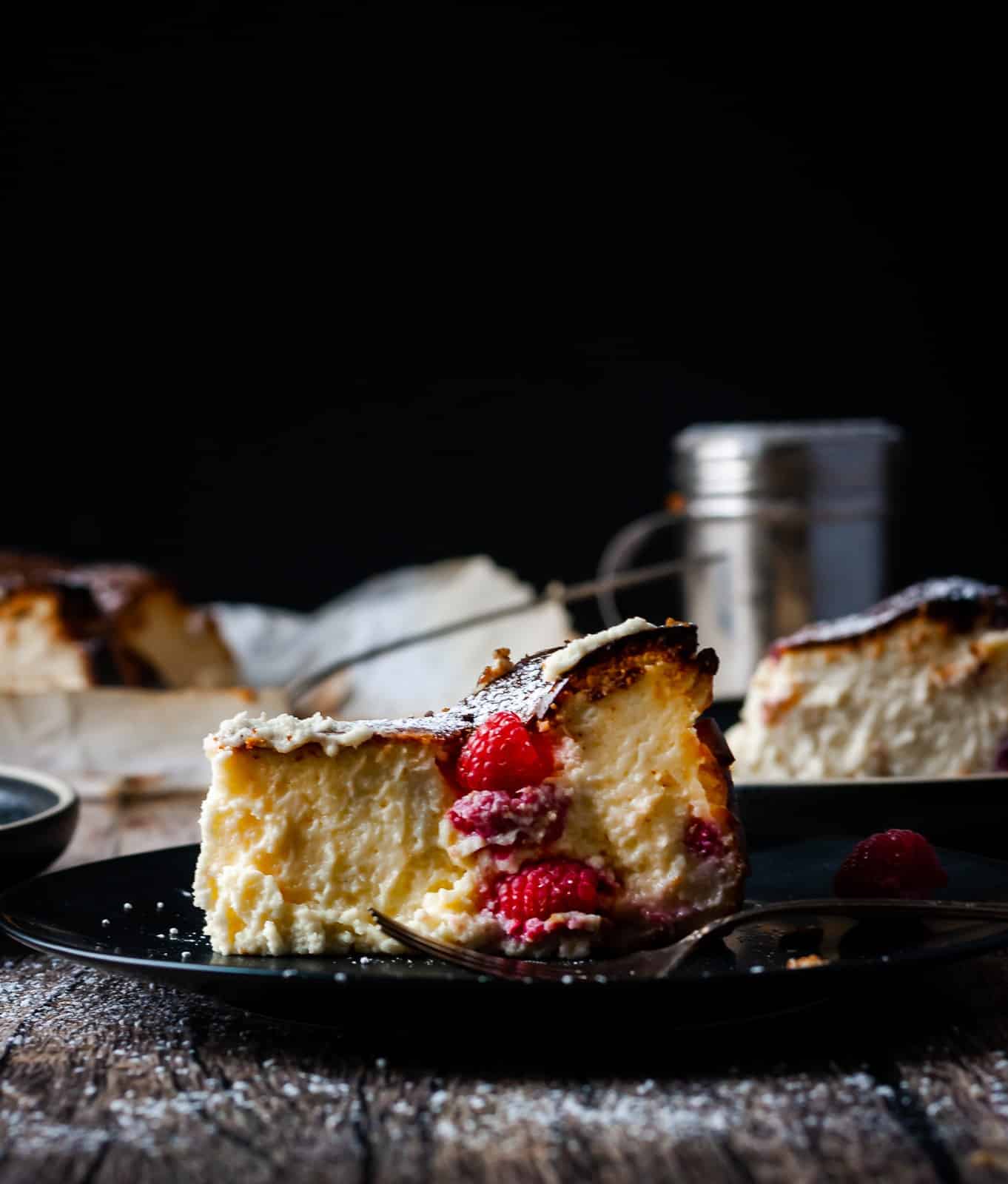 Rich and creamy on inside, my burnt Basque cheesecake with raspberries