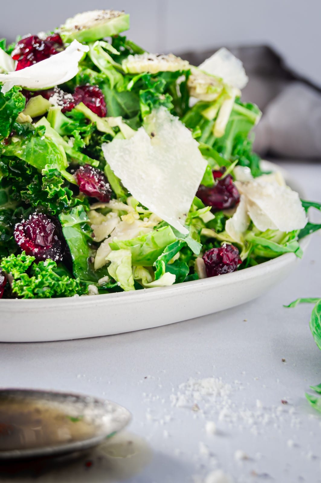 Kale and brussel sprout salad with cranberries and romano cheese