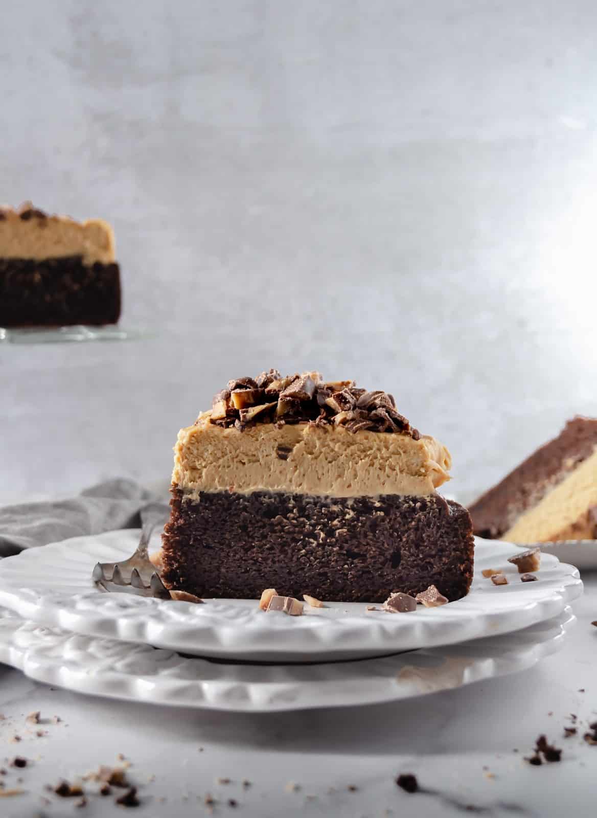 Chocolate toffee crunch cake slide with bits of toffee