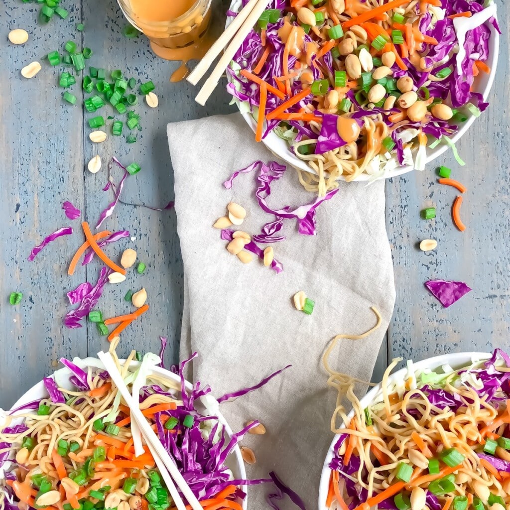 Thai chicken noodle salad bowls with delicious and easy peanut dressing is a perfect healthy, family dinner.