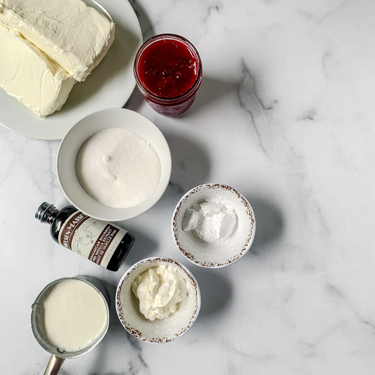 Ingredients for a no bake cherry cheesecake recipe.